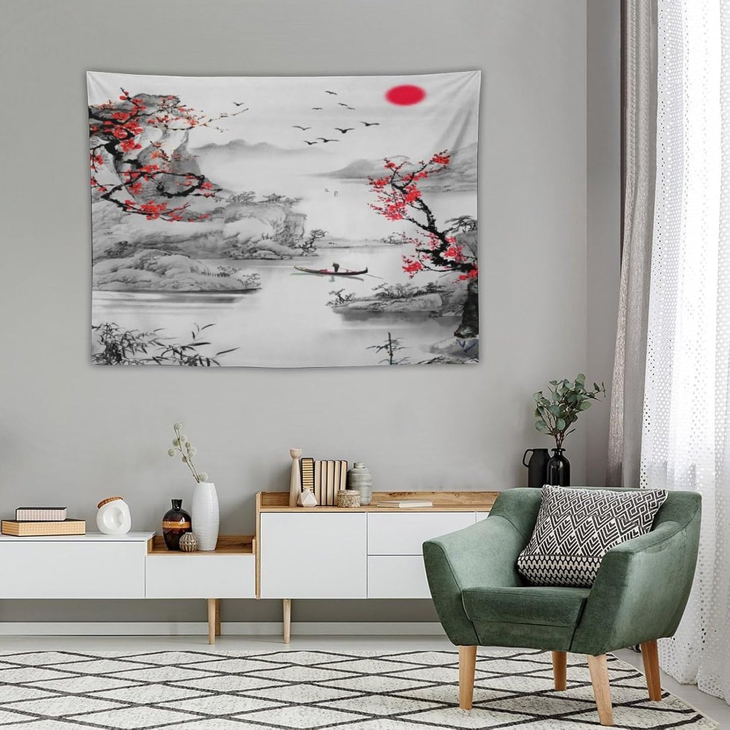 Cherry Blossoms Tapestry, Japanese Red Landscape Watercolor Abstract Art, Asian Japanese Wall Tapestry, Nature Landscape Tapestries for Bedroom Living Room Decor 40"x30"