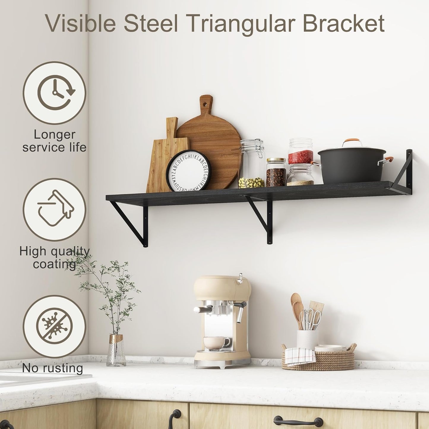 Fun Memories 40 Inch Floating Shelves, 10 Inch Deep Wall Shelf, 40 x 10 Floating Shelf Set of 2, Black Wood Floating Shelf Wall Mounted, Large Kitchen Living Room Bedroom Storage Shelves