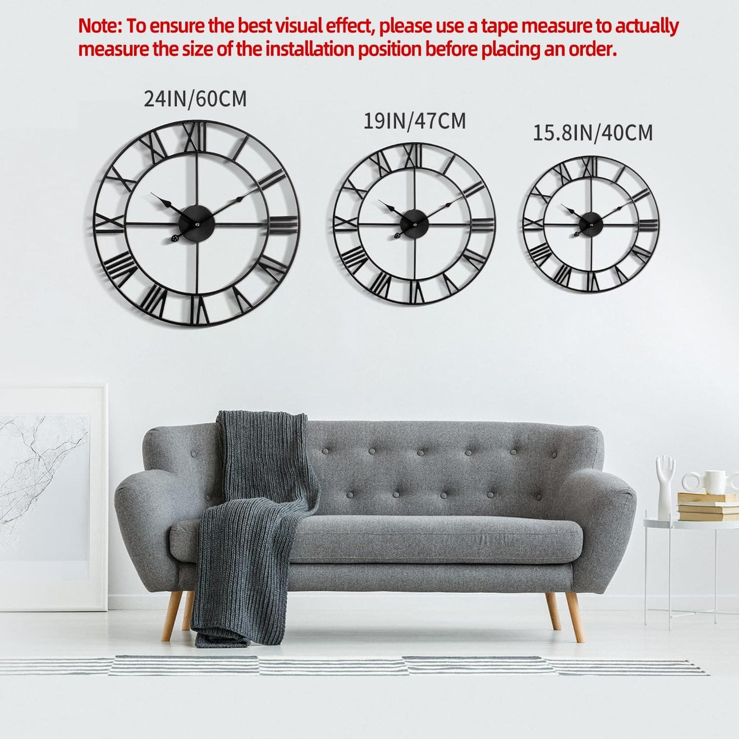 LEIKE 16" Large Wall Clocks Battery Operated, Round Modern Silent Non-Ticking Black Metal Wall Clock for Living Room Decor, Bedroom Kitchen (40cm Diameter, Black Roman Number)