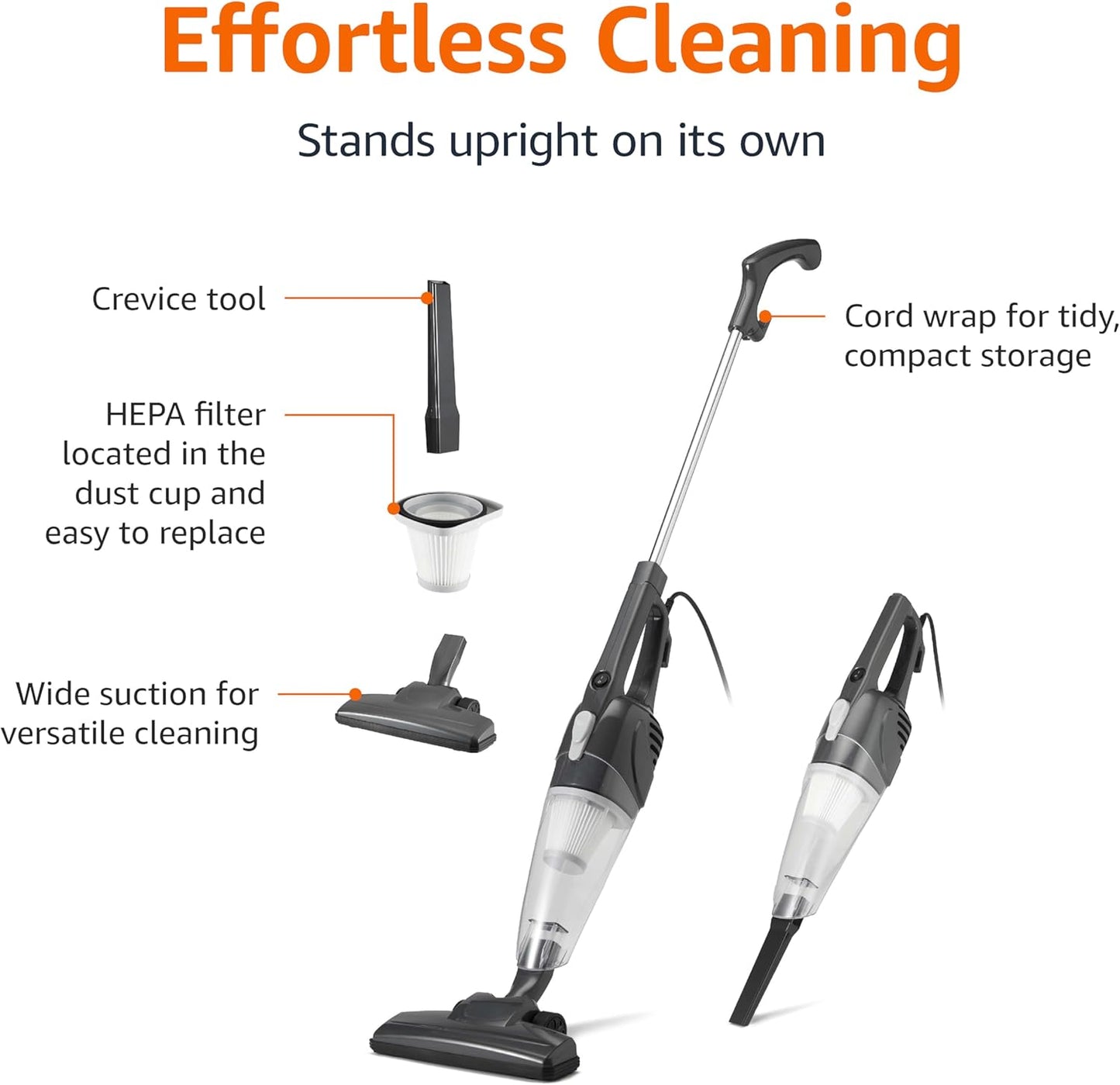 Amazon Basics 2-in-1 Corded Stick Vacuum Cleaner, Convertible to Handheld, Lightweight (3.9 LBS), with Washable HEPA Filter, Crevice Tools, 0.5L Dust Cup, 19.7-Ft Cord, 300W, Black