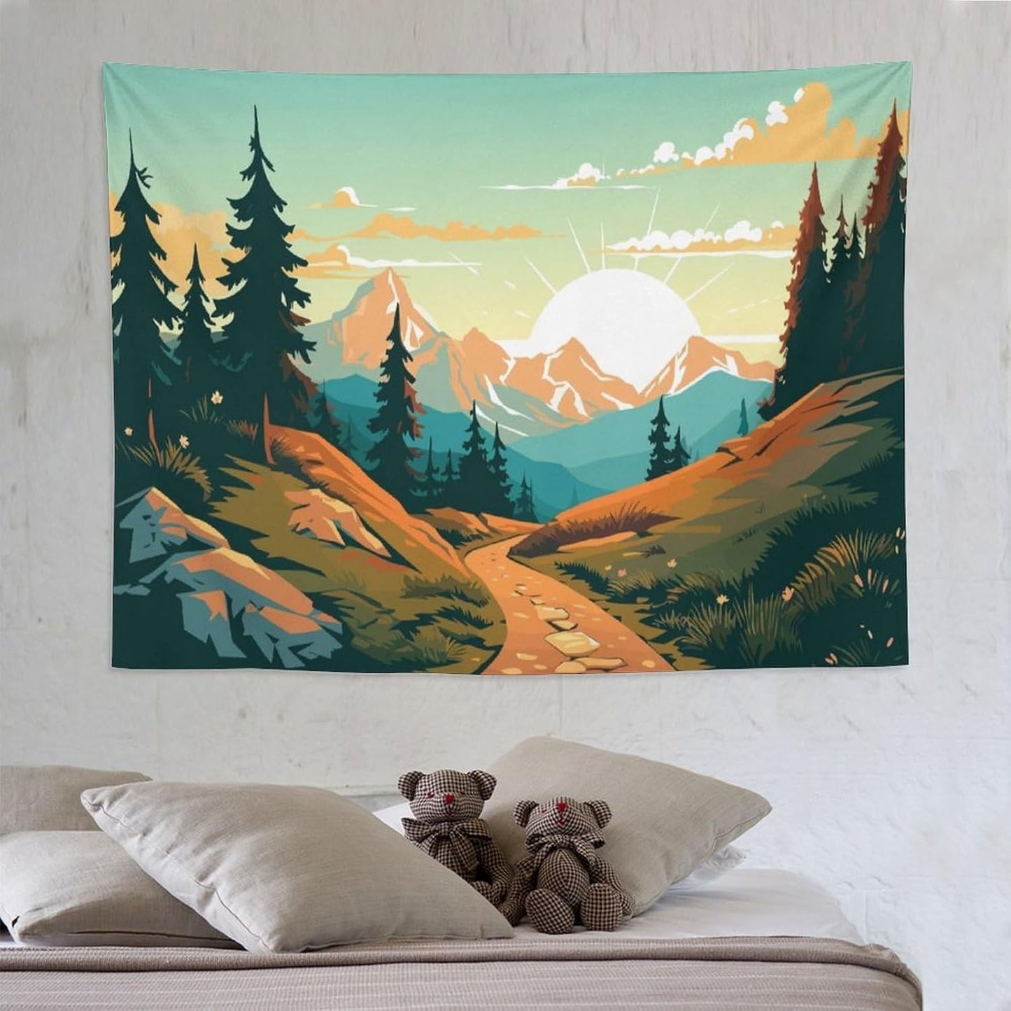 HZOHNAGO Mountain Tapestry Forest Mountain Sunrise Road Pattern Printed Wall Tapestry Wall Hanging for Bedroom Living Room Dorm 80" W x 60" H