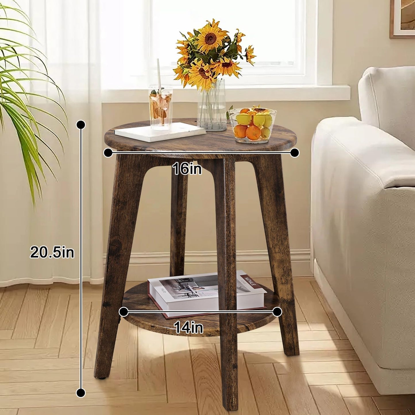 Small Round Side Table Wooden End Table with Lower Shelf Modern Nightstand Bedside Table for Small Spaces, Living Room, Bedroom Retro Brown