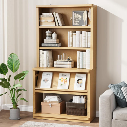 Rresyet 5 Tier Bookcase with Flip-Flop Design, 71" x 37" x 16" Wooden Book Shelf, Extra Bookshelf Storage Organizer, Display Standing Shelf Unit for Home Office, Living Room, Study Room (Wood)