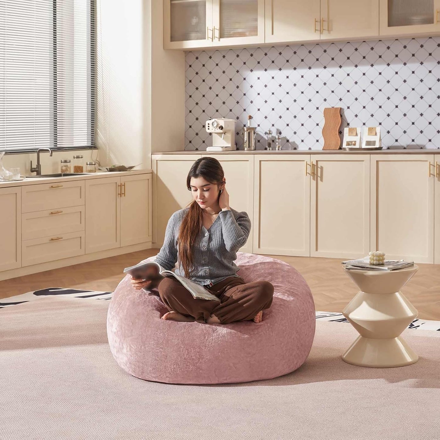 Bean Bag Chair 3Ft, Memory Foam Filled, Large Beanbag Chairs for Adults and Teens, Soft Sofa with Removable Flannel Cover, Round Couch for Living Room Bedroom College Dorm (Pink, 3FT-36×36"×24")