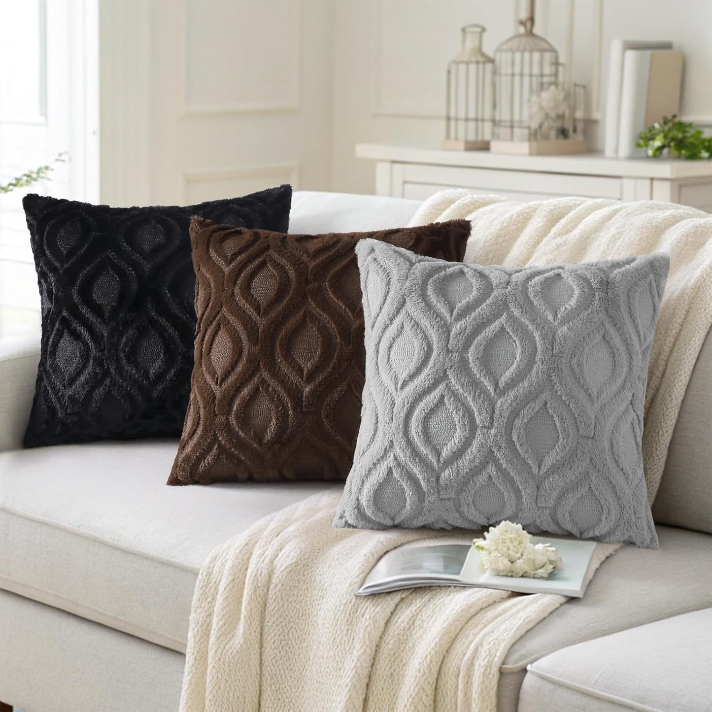 decorUhome Throw Pillow Covers 26x26 Inch Set of 2, Soft Plush Decorative Faux Fur Dark Brown Solid Couch Pillow Covers, Accent Farmhouse Neutral Square Euro Pillow Cases for Sofa Bed Living Room