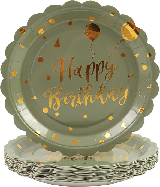 50PCS Sage Green and Gold Happy Birthday Paper Plates, 7 Inch Scalloped Disposable Birthday Dessert Cake Plates Metallic Foil Polka Dots Party Supplies for Birthday's Decorations