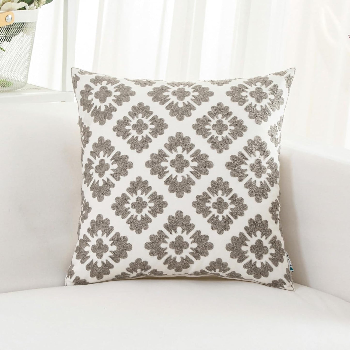 HWY 50 Grey Gray Decorative Throw Pillow Covers 18x18 Inch (1 Piece), Embroidered Cotton Farmhouse Cushion Cover Pillow Case for Sofa Couch Living Room Bed, Geometric Diamond Floral
