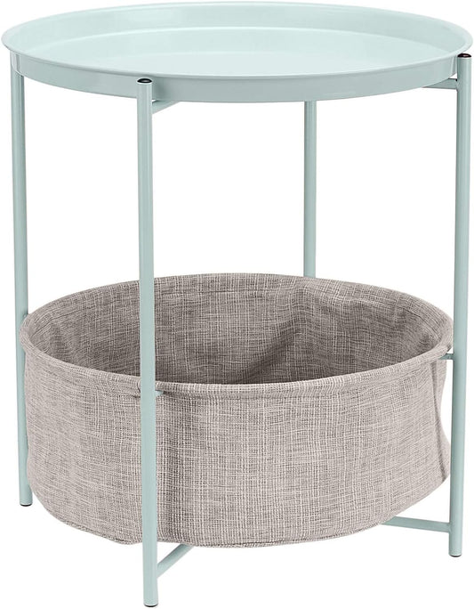 Amazon Basics Round Storage End Table, Side Table with Cloth Basket, Mint Green/Heather Gray, 18 in x 18 in x 19 in