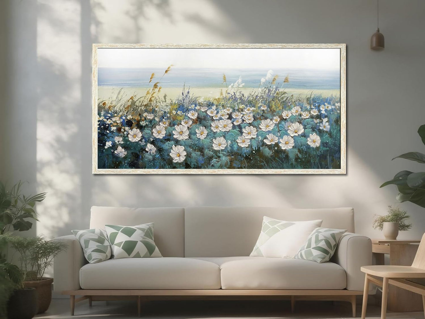 Arjun Flowers Wall Art Canvas White Daisy Floral Painting Blue Coastal Landscape Turquoise Floral Scenery Picture Artwork for Living Room Bedroom Office Home Wall Decor, Framed Extra Large 58"x29"