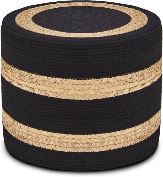 Wimarsbon 18'' Ottoman Pouf, Natural Braided Poof, Rustic Handweave Lounge Pouffe, Boho Footrest Stool for Bedroom, Accent Table or Seat for Living Room (Natural Water Hyacinth + Black Cotton Rope)
