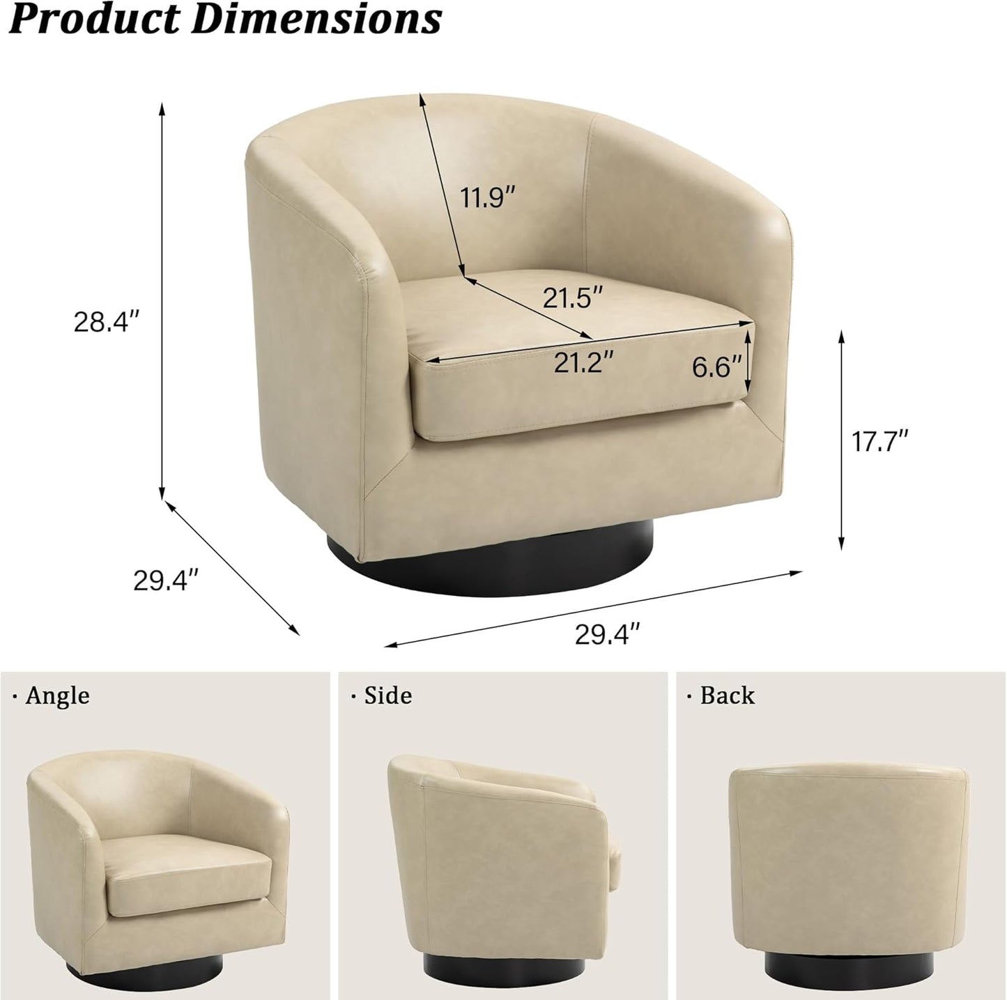 Swivel Barrel Accent Chair, Modern Round Faux Leather Arm Chair for Living Room, Bedroom, Comfy Club Reading Chairs for Adults(Faux Leather, Cream, Set of 4)