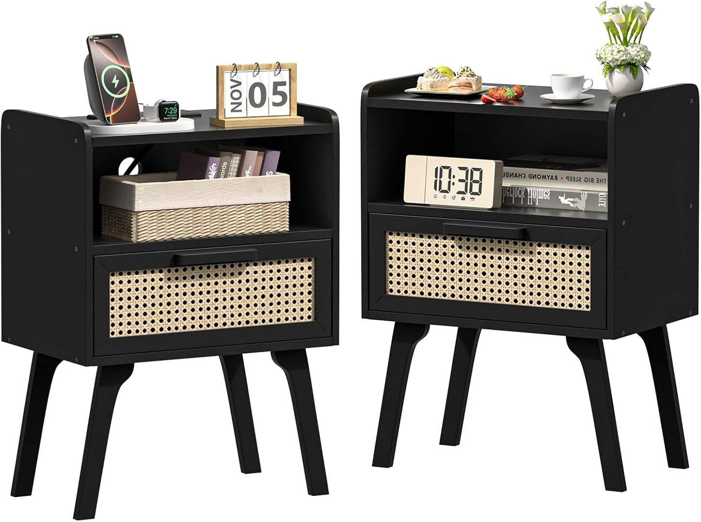 Lerliuo Rattan Nightstands Set of 2, Bedside Table with Drawer Open Shelf, Cane Accent Side End Table with Solid Wood Legs, Black Mid Century Night Stand for Bedroom, Dorm and Small Spaces