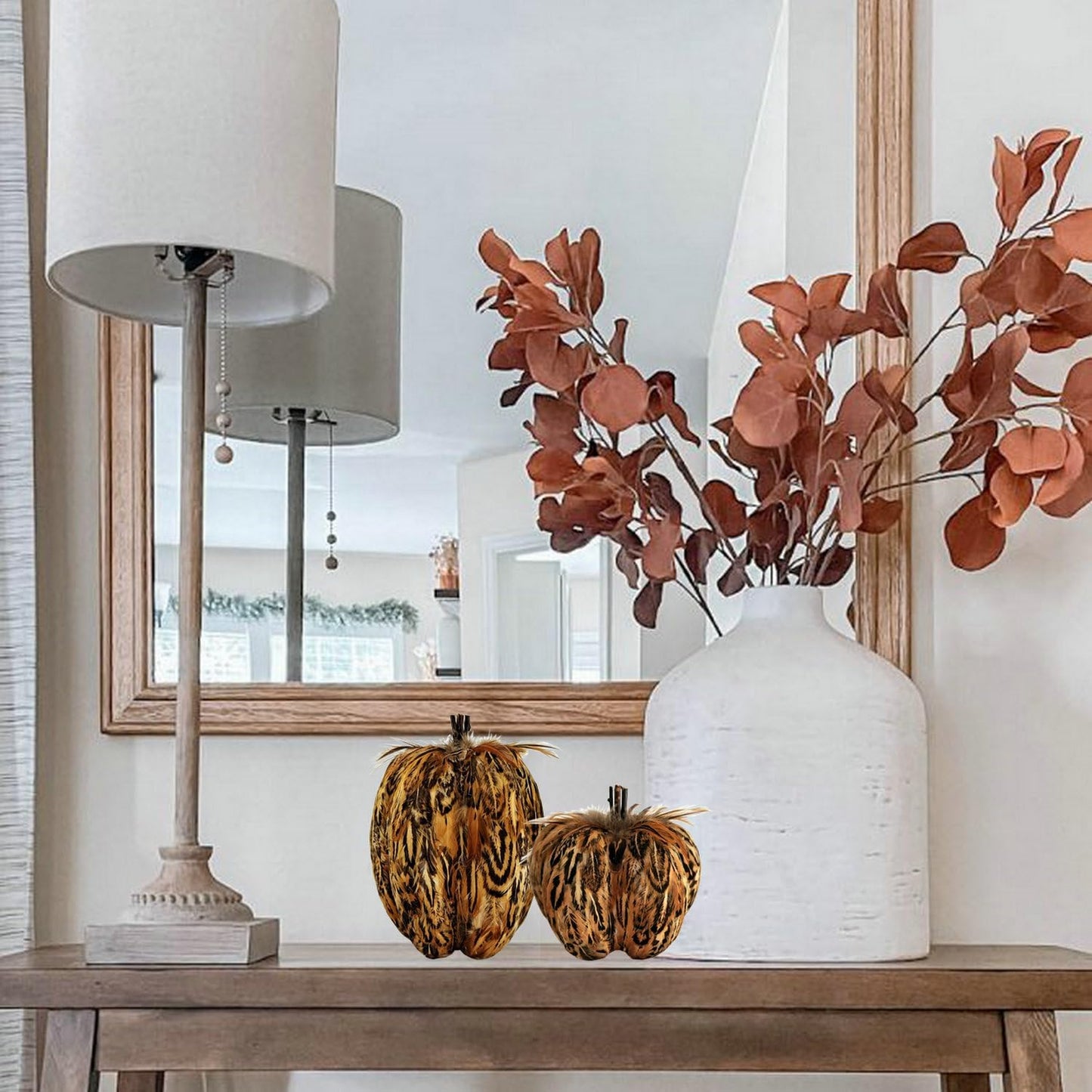 naturevibe 7.5/5.5 Inches Elegant Feathered Pumpkin Decor,Set of 2 Thanksgiving Decorations Natural Feather Pumpkins as Fall Home Decor,Centerpieces for Tables or Autumn Harvest Gifts