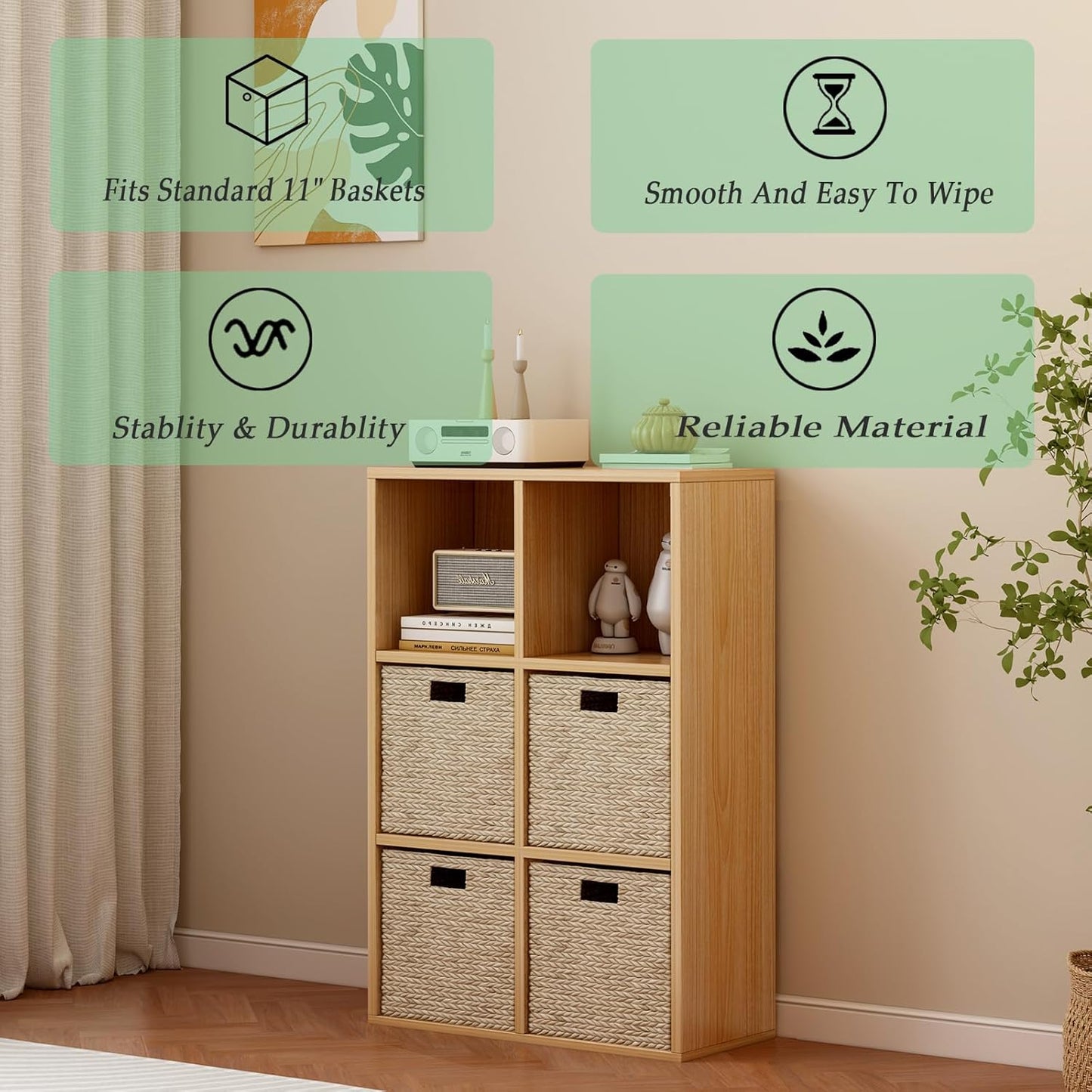 6-Cube Storage Shelf Bookcase - Wooden 3-Tier Floor Standing Open Bookshelf for Home and Office, Display Cabinet, Oak