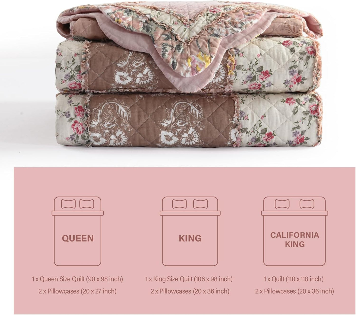 NEWLAKE Quilt Set Queen Size, Cotton Patchwork Pink Floral Quilt Sets, Real Stitched Embroidery Bedspread Lightweight and Breathable for All Seasons, Soft Quilted with 2 Pillow Shams