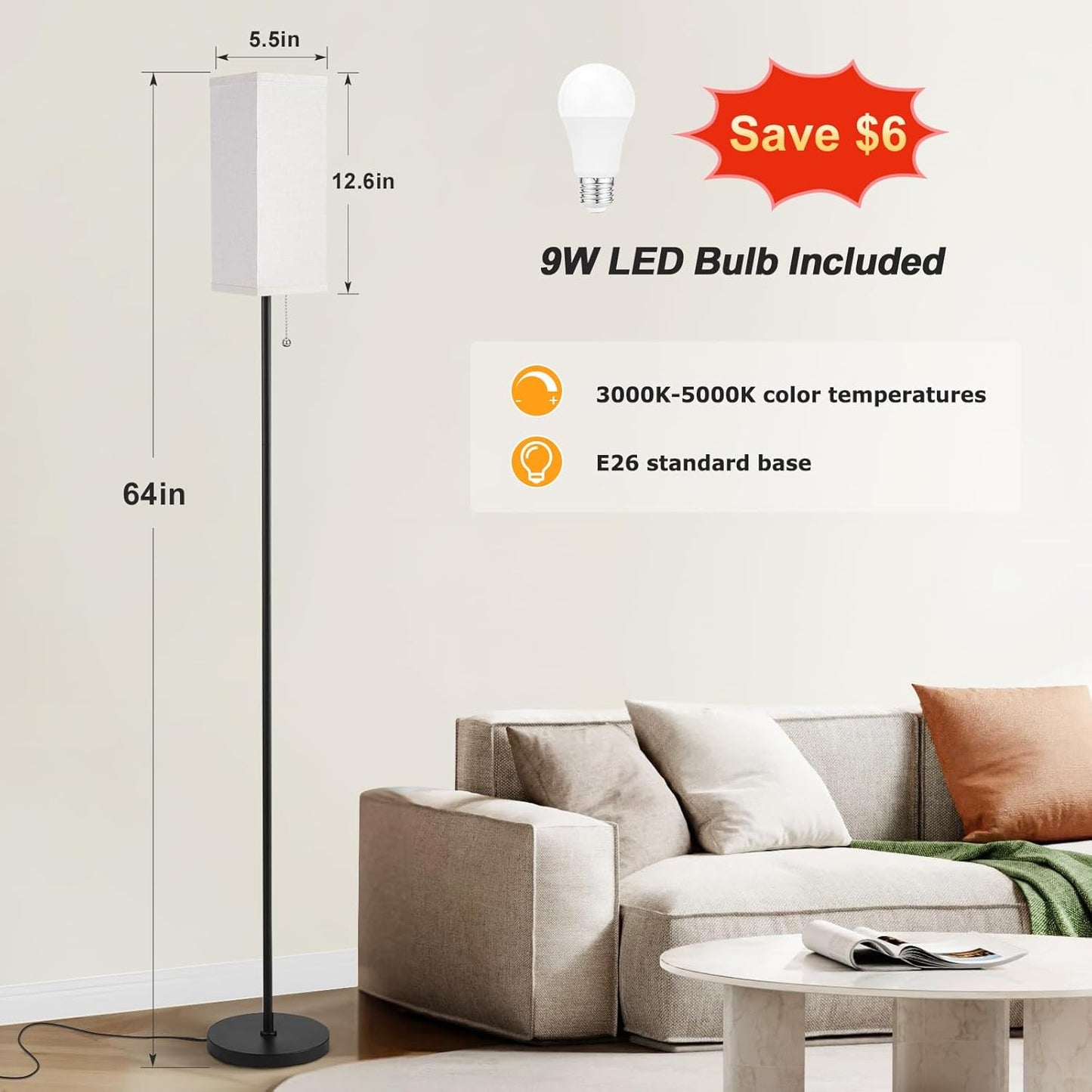 Ambimall Floor Lamp with 3 Color Temperatures Bulb & Pull Chain Switch, 64" Standing lamp, Beige Square Shade & Black Pole