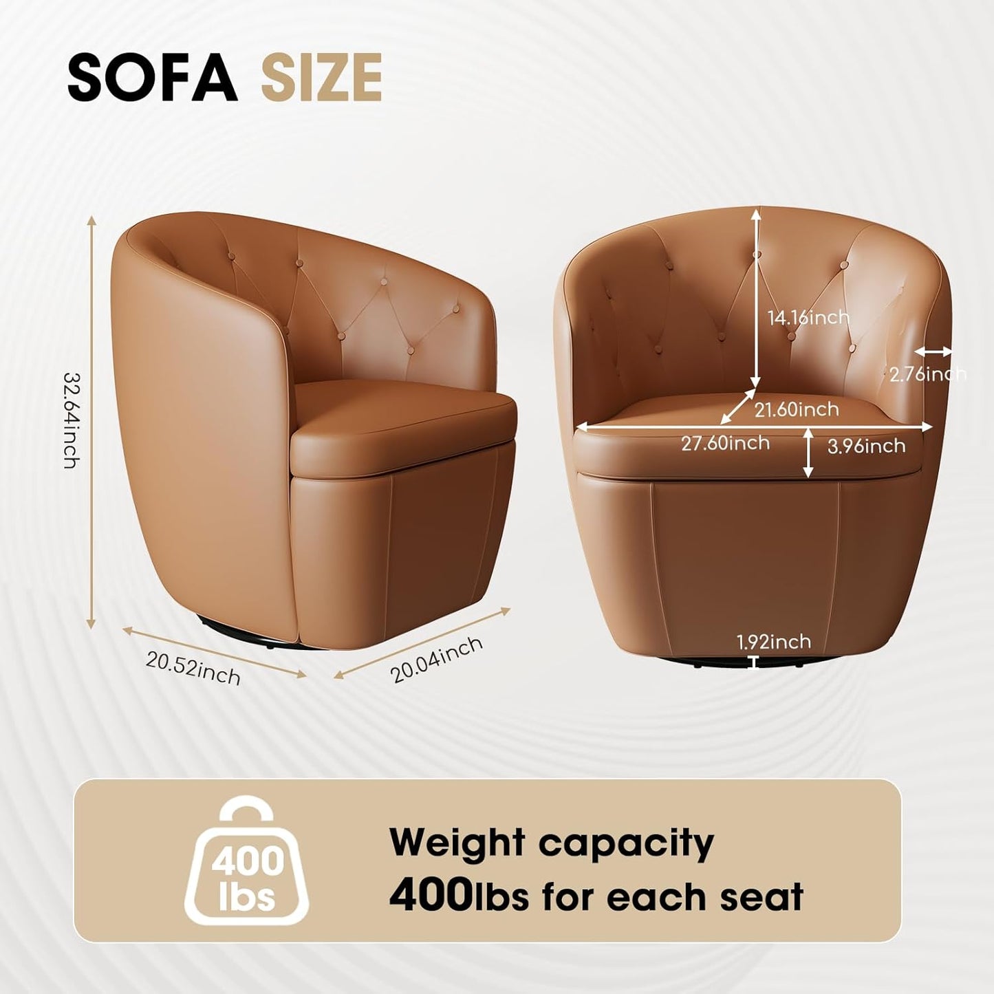 360° Swivel Leather Accent Chair, Modern Barrel Club Chair with Leather Upholstery and Sturdy Base, Comfortable Armchair for Living Room, Bedroom, Reading Nook, Brown