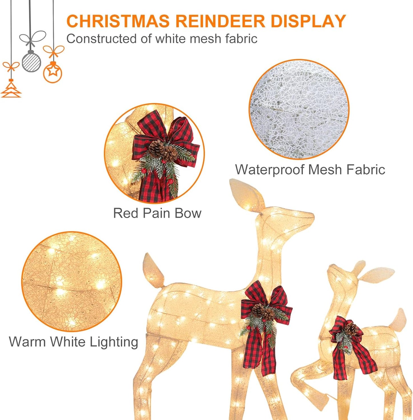 2 Pcs Reindeer Christmas Decoration, Xmas Lighted White Shimmering Doe and Fawn Display Set with 105 Warm White Lights for Yard Lawn Indoor Outdoor