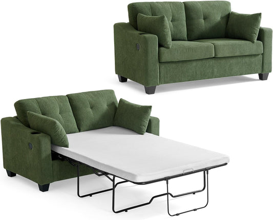 Pull Out Sofa Bed, Full Size Sleeper Sofa, 2-in-1 Convertible Corduroy Couch with USB Charging, Memory Form Couch for Living Room, Apartment and Small Space (Green, Corduroy - Full Size)