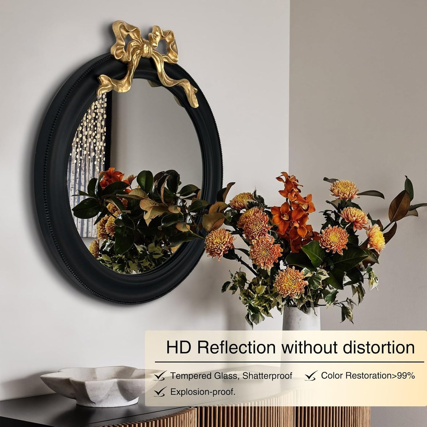 25x25 inch Bow Antique Round Mirror for Wall, Gold & Black Decorative Wall-Mounted Circle Mirror, Perfect for Bedroom, Hallway, Living Room Décor, and Bathroom Vanity