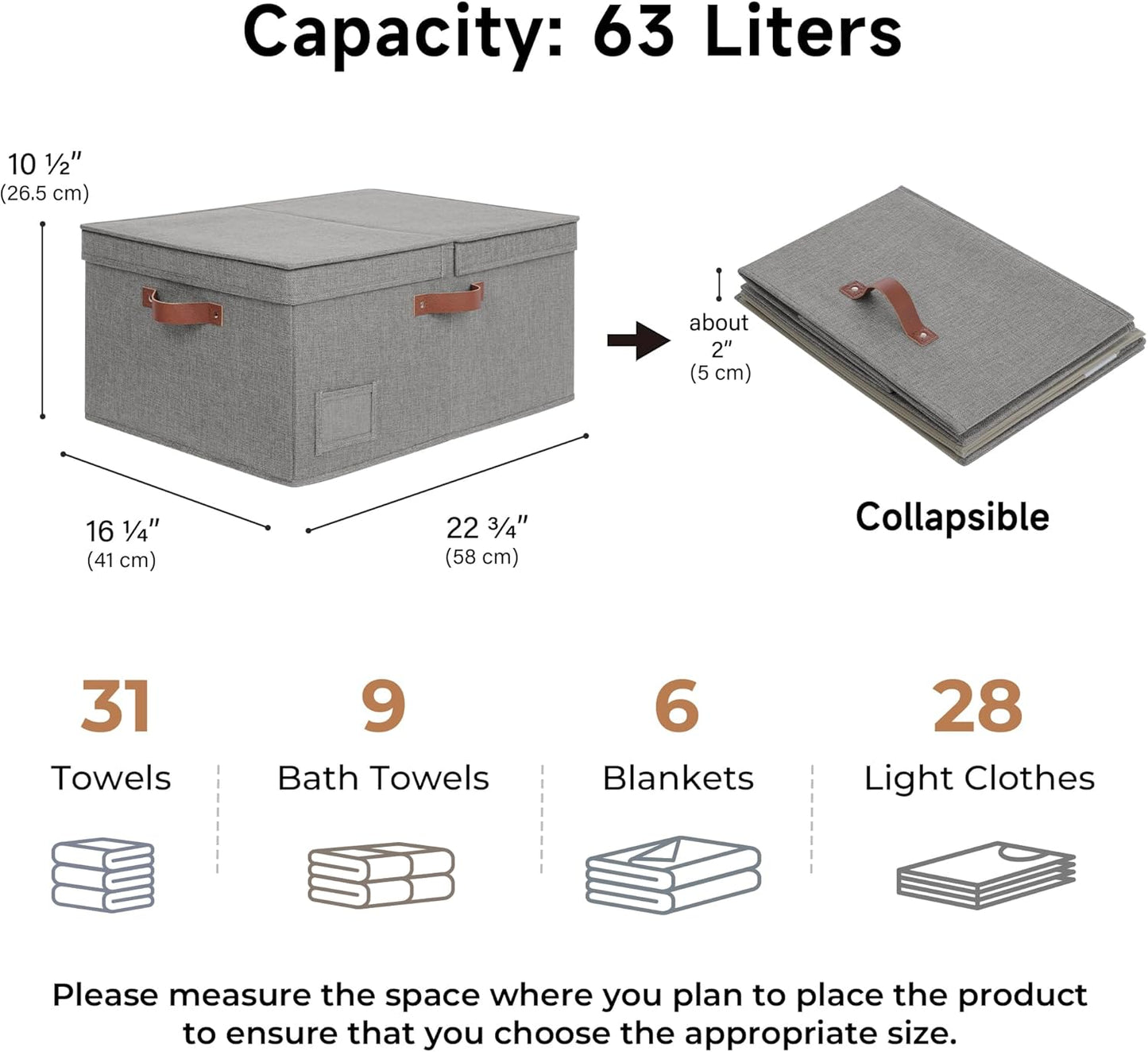 GRANNY SAYS Large Storage Bins With Lids, Decorative Boxes, Fabric Containers With Double-Open Lid and Divider, Collapsible Clothes Organizers, 63L Linen for Closet, Dark Gray