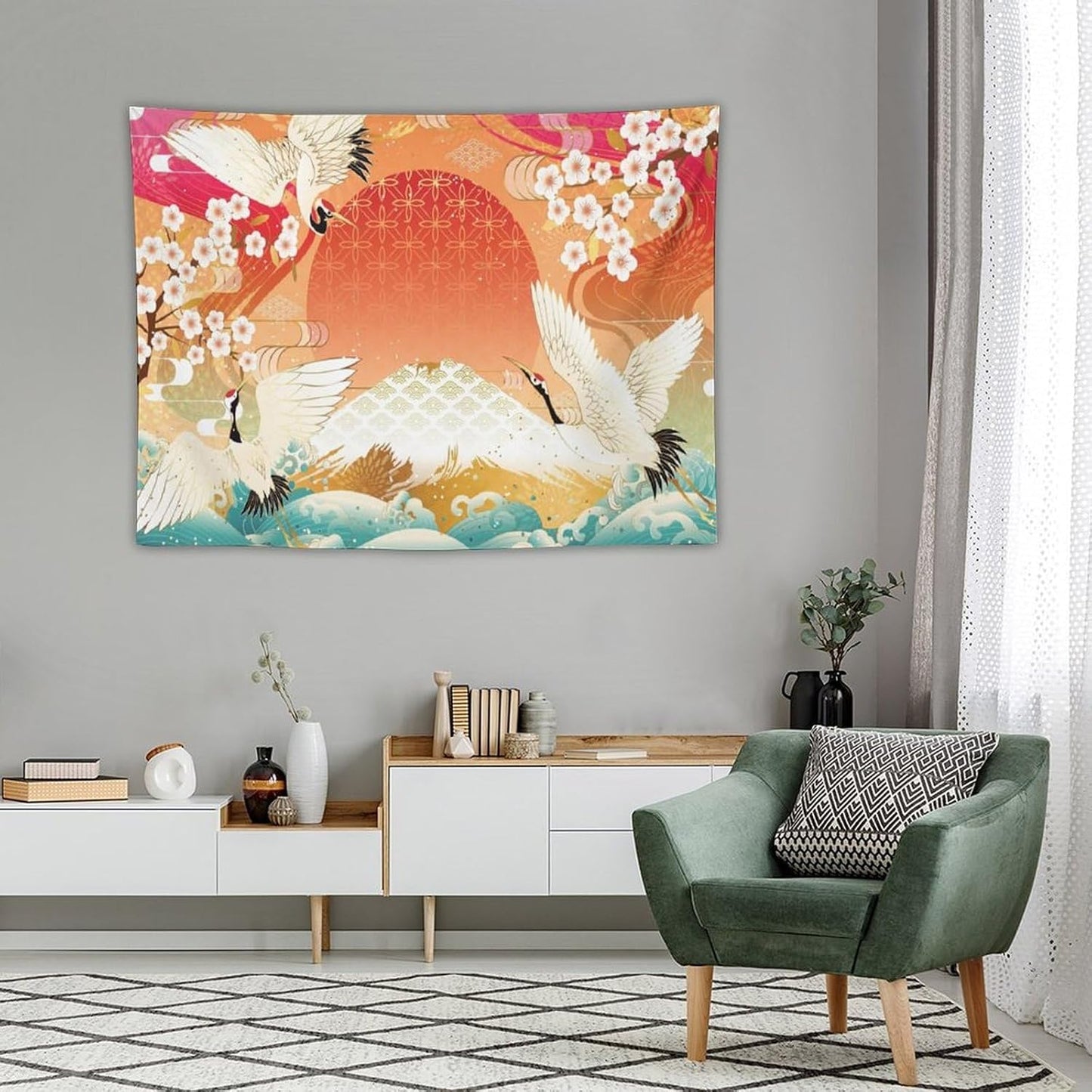 HZOHNAGO Japanese Tapestry Cherry Blossom Crane Sea Wave Fuji Mountain Red Sun Pattern Printed Wall Tapestry Painting Wall Hanging for Bedroom Living Room Dorm 40" W x 30" H