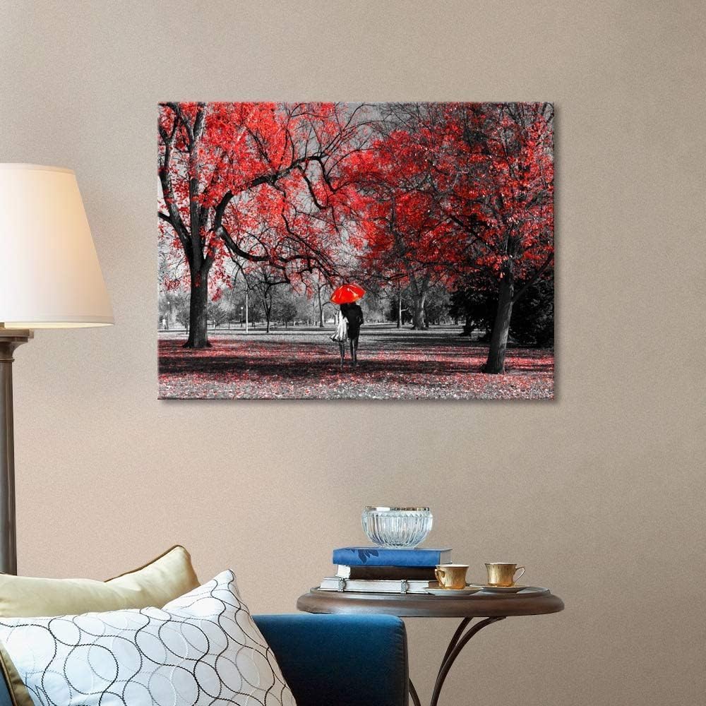 Bamdeya Bathroom Wall Art Gray Red Wall Decor Forest Canvas Painting Tree Prints Art Scenery Artwork for Wall Landscape Picture Black and White Wall Art Bedroom Room Décor Decoration -12x16inches