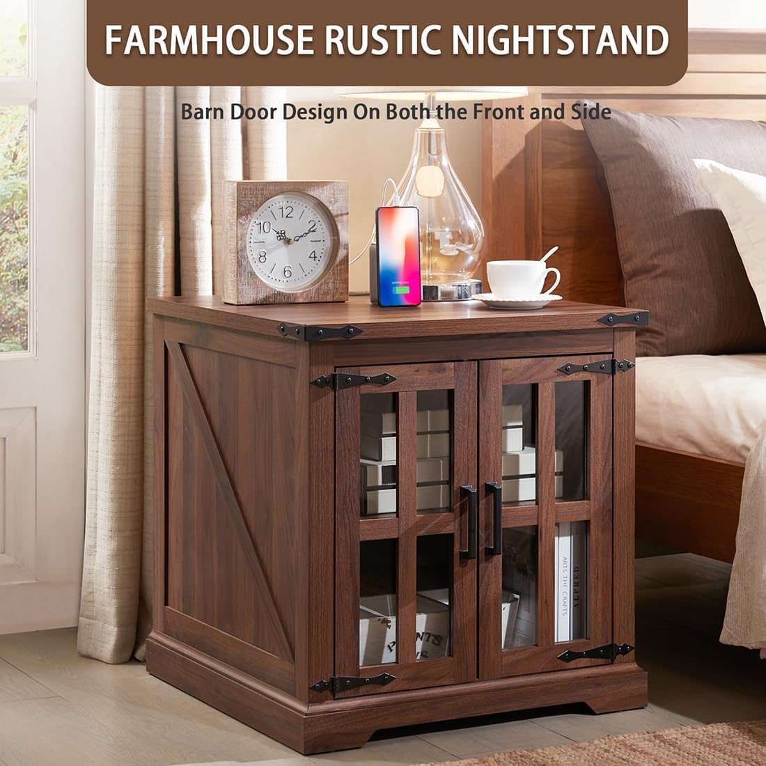 Farmhouse End Table with Charging Station,24" Large Side Table with Glass Barn Door, Rustic Wood Nightstand Bedside Table with Adjustable Storage Shelf for Living Room, Bedroom,Walnut,2 pack