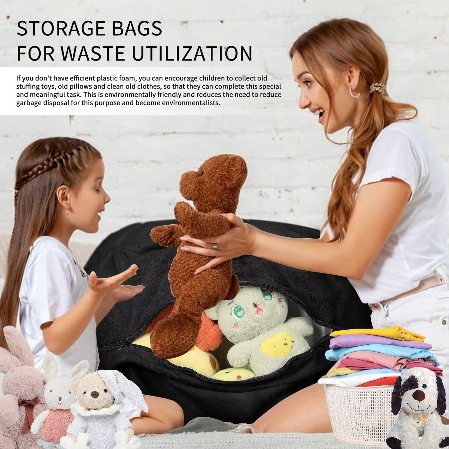 Bean Bag Chair for Adults 3FT,Soft Removable Cover for Teens/Girls Bedroom,Fluffy Giant Round Floor Beanbag Lounger Chairs (No Filler,Black)