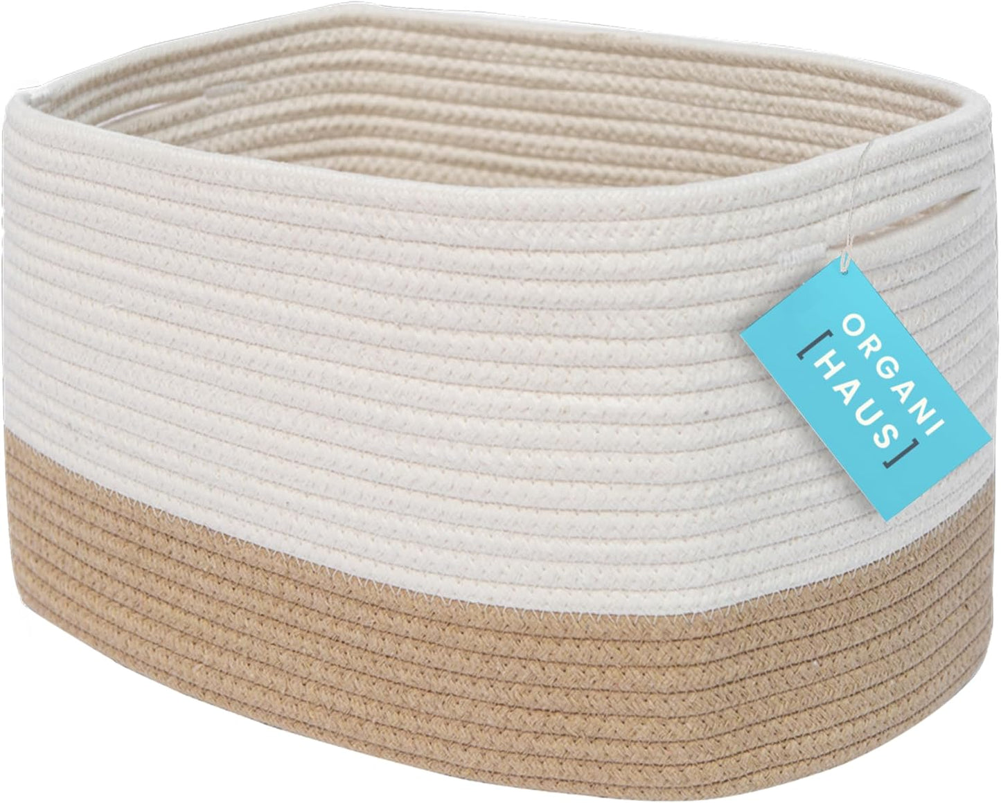 OrganiHaus Woven Storage Baskets for Organizing, Cotton Rope Organizer Bins for Shelves, Closet & Nursery, Dog Toy Basket, Decorative Bins for Toys, Towels & Books - 15x10x9, Honey/Off-White