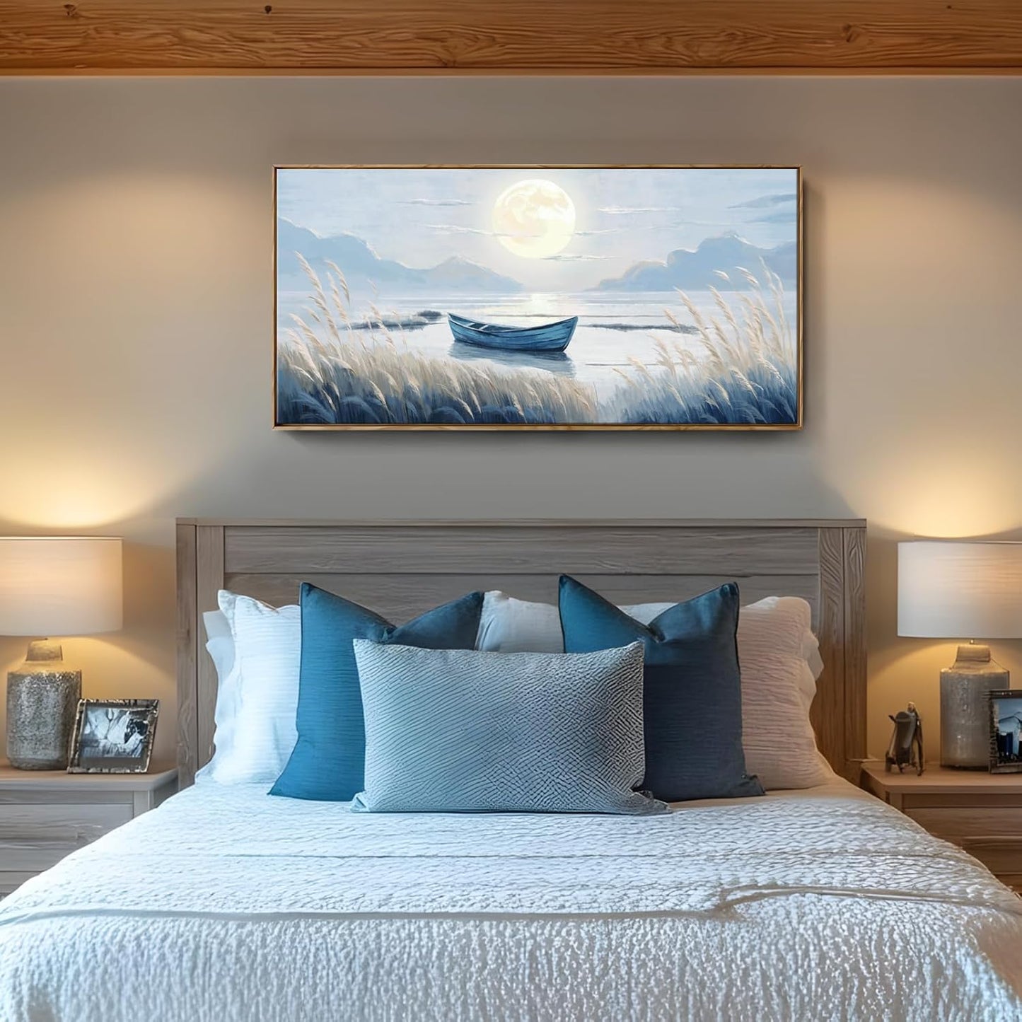 amatop Large Framed Wall Art Bedroom Living Room Decor Blue Boat Moonlight Coastal Seascape Picture Landscape Decorative Canvas Print Tranquil Night Ocean Lake Scene Artwork Nautical Wall Decor 48x24