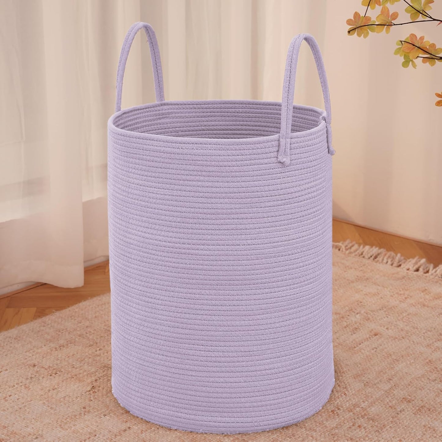 Large Woven Laundry Basket Hamper,80L Cotton Rope Storage Bin for Blankets,Toys and Clothes,Decorative Tall Nursery Hamper for Living Room,Baby Nursery,Bathroom and Bedroom,Purple