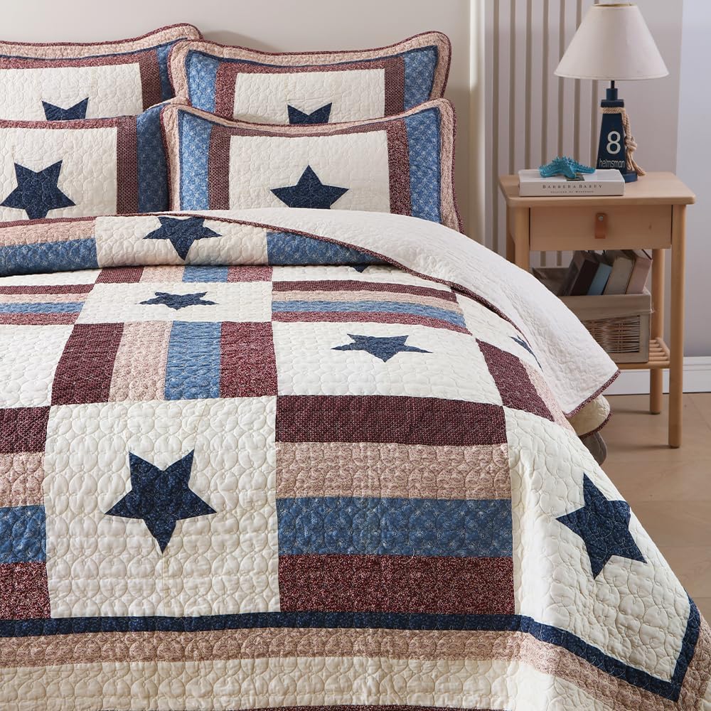 Cotton Bedding Quilt Sets 3 Pieces Reversible Coverlet Sets All Season Boys Real Patchwork Bedspread, MediterraneanStar Pattern,King Size