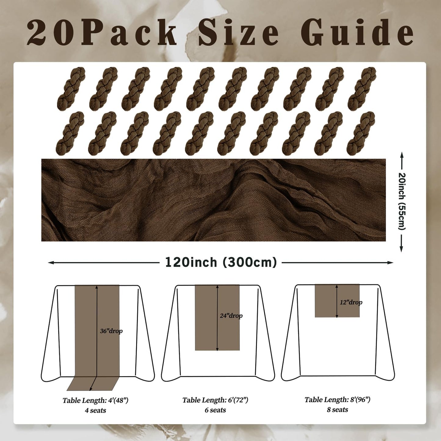 6FT 20 Pack Brown Cheesecloth Table Runner 20 x 120 Inch Long Boho Fabric Rustic Cheese Cloth Table Runner for Wedding Bridal Shower Baby Shower Gauze Sheer Birthday Party Table Decorations