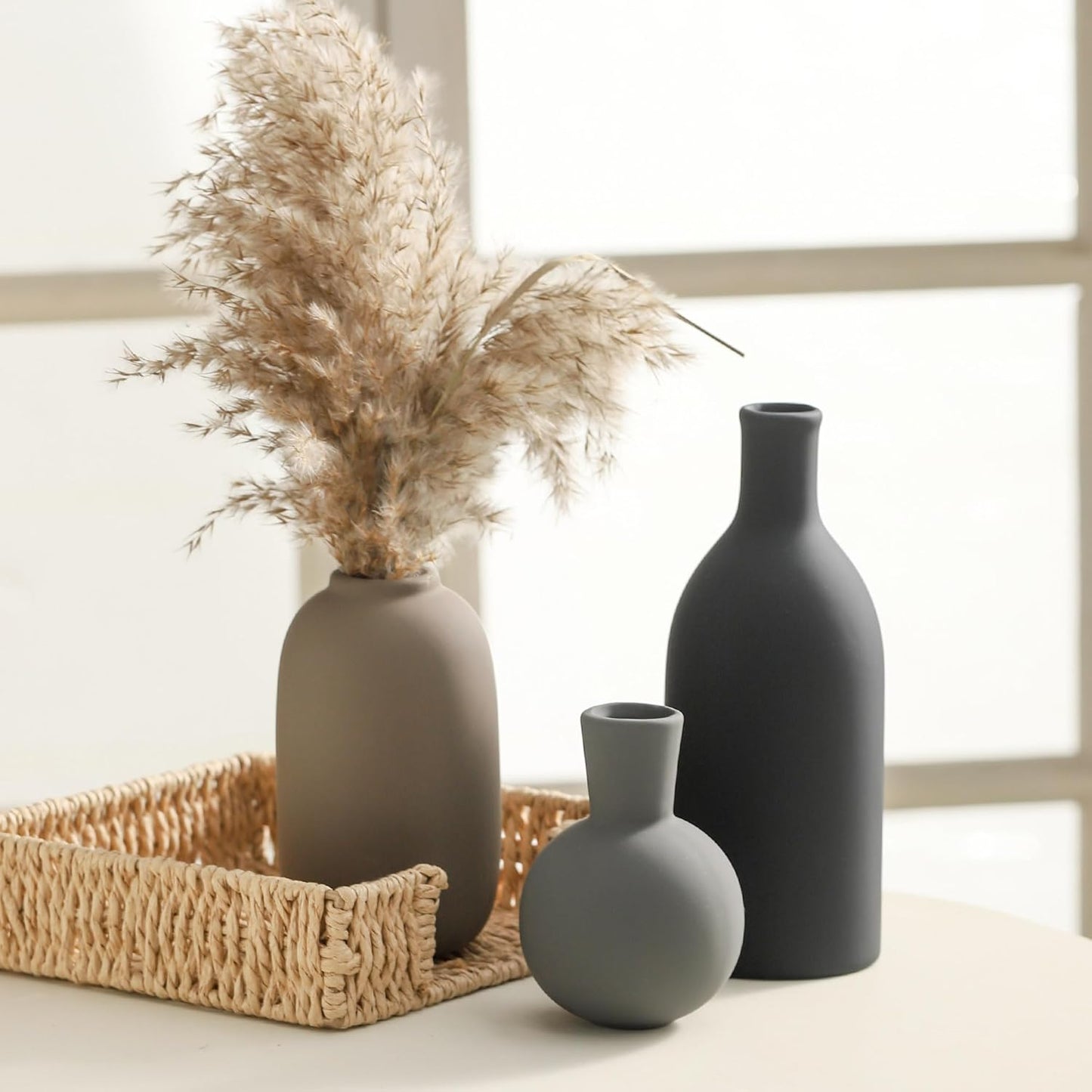 Ceramic Vase Set of 3, Rustic Farmhouse Vases Home Decor Pottery Pampas Vase Decoration Modern Neutral Flowers Vases for Room Decor, Entryway, Living Room, Table, Kitchen, Bedroom - Multicolor