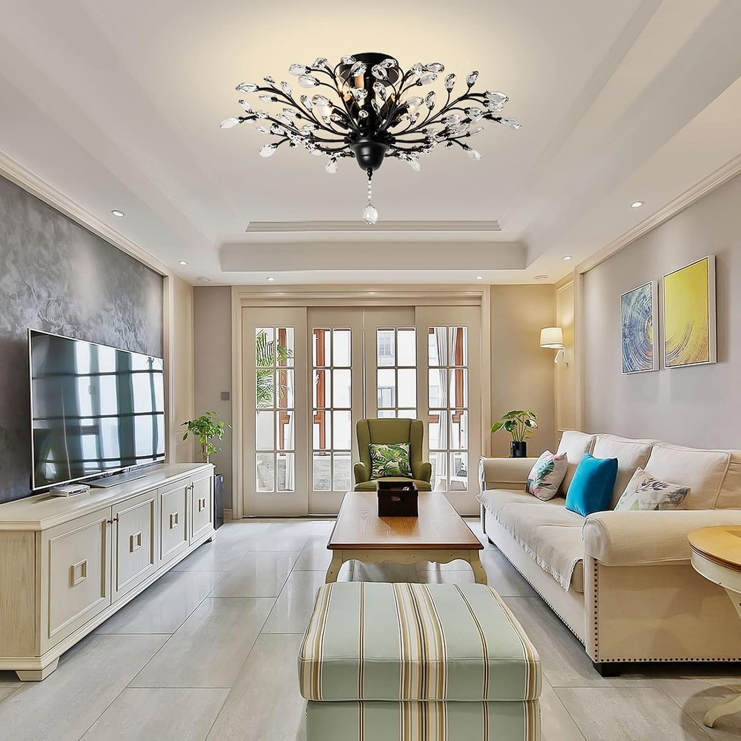 Ganeed Crystal Ceiling Light,Vintage Chandelier, Modern Elegant K9 Crystal Glass Chandelier Flush Mount Ceiling Lighting Fixture for Living Room Bedroom Restaurant Porch- Matte Black - 5 Lights