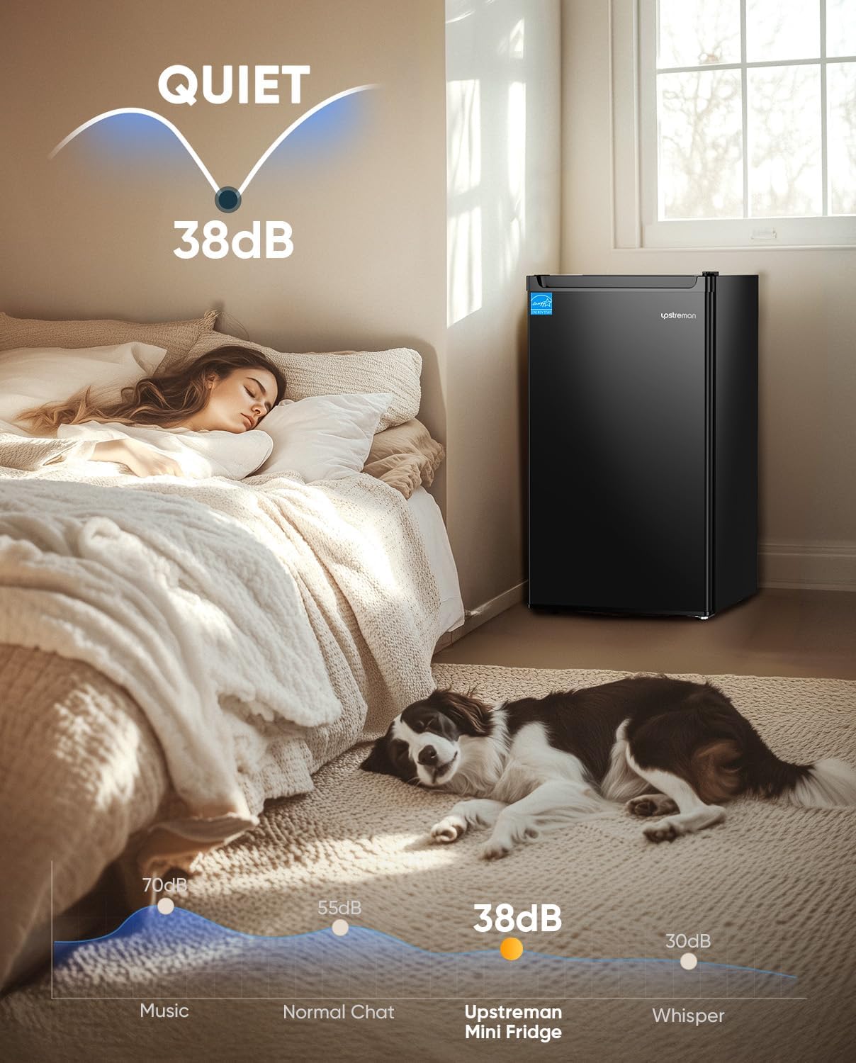 Upstreman 4.4 Cu.Ft Mini Fridge with Freezer, Single Door Mini Refrigerator for Bedroom, Extra Large Capacity, Energy-efficient, Small fridge for Office, Dorm, Kitchen, Black-BR44