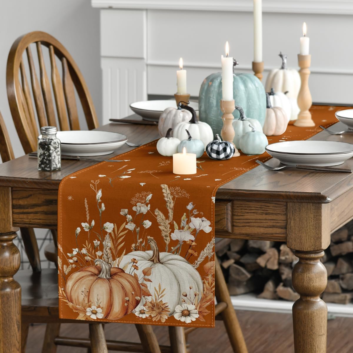 Artoid Mode Orange Pumpkins Leaves Flowers 210 GSM Fall Table Runner, Seasonal Autumn Kitchen Dining Table Decoration for Home Party Decor 13x48 Inch