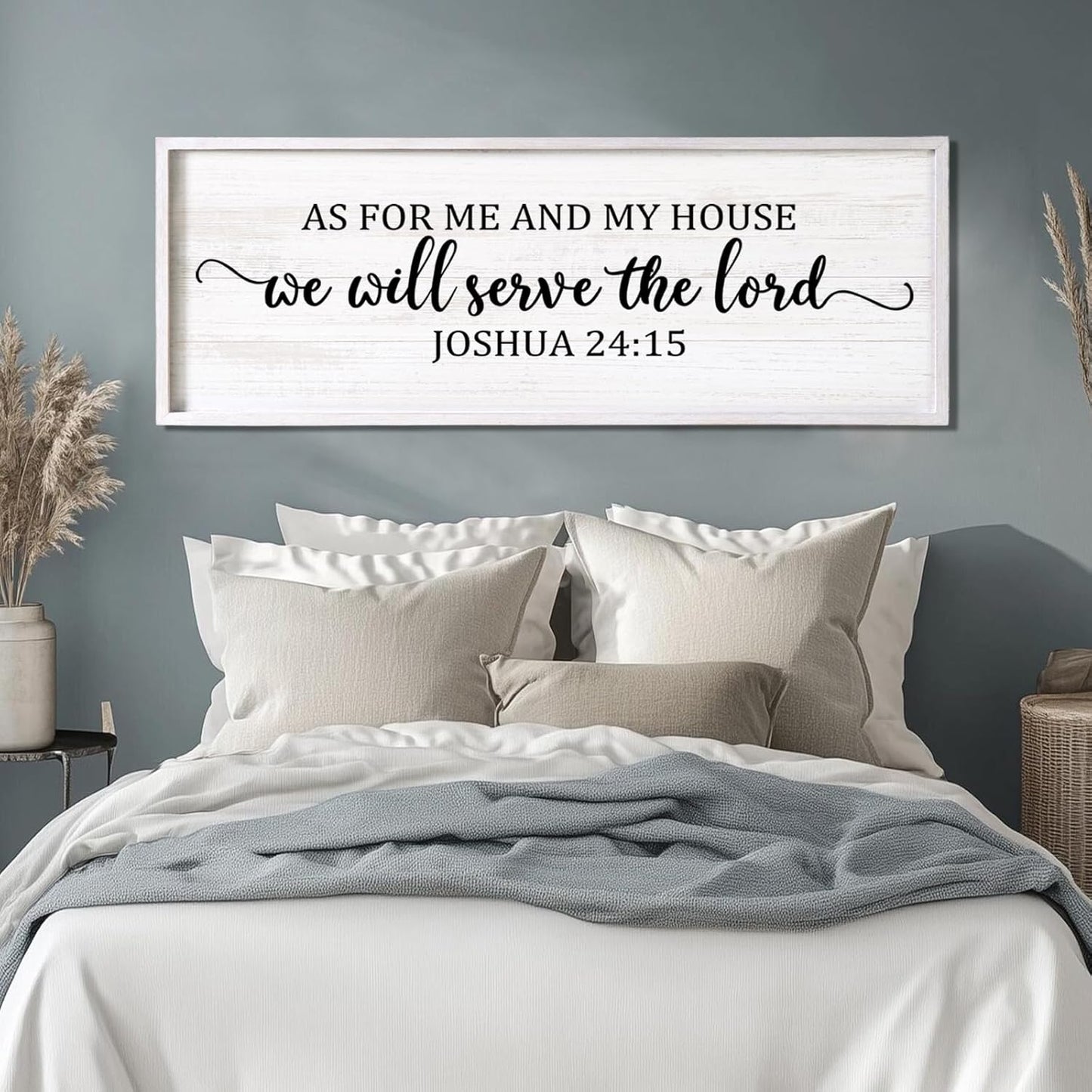 As For Me And My House We Will Serve The Lord Framed Wall Art, 40''×15'' Positive Religious Rustic Bible Verse for Christian God Jesus Christ Prayer, Vintage Horizontal Holy Catholic Scripture Decor