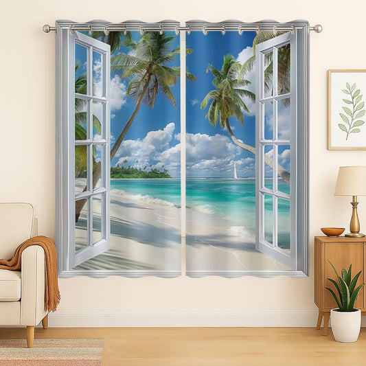 Beach Blackout Curtains for Girls Boys Teens Home Decor, Tropical Summer Scene Ocean Island Palm Tree Grommet Thermal Insulated Drapes Darkening Window Curtain for Bedroom Living Room, 55 x 63 Inch