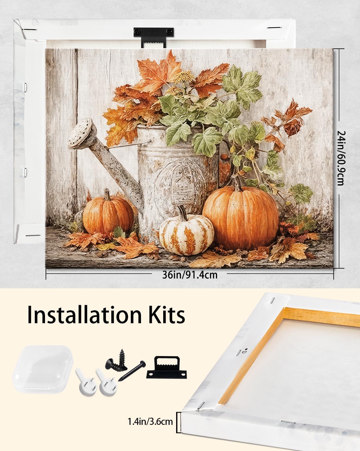 Autumn Pumpkin and Watering Can Canvas Wall Art, Rustic Fall Leaves Print Farmhouse Picture for Thanksgiving Decorations, Fall Wall Art Decor Ready to Hang