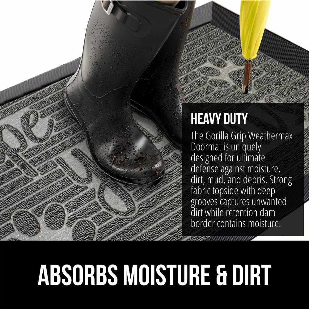 GORILLA GRIP 100% Waterproof All-Season WeatherMax Doormat US Designed Natural Rubber, Stain and Fade Resistant, Low Profile Indoor Outdoor Door Mats, Easy Clean Patio Mat, 17x29, Stone Paws