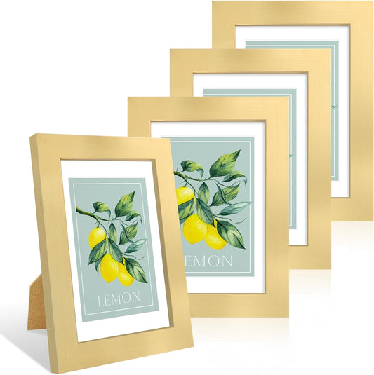 4x6 Picture Frame Set of 4, 4 x 6 Wood Photo Frames with Mat for 3.5x5, Wooden Frame with Real Glass Cover for Wall and Tabletop Display,Gold
