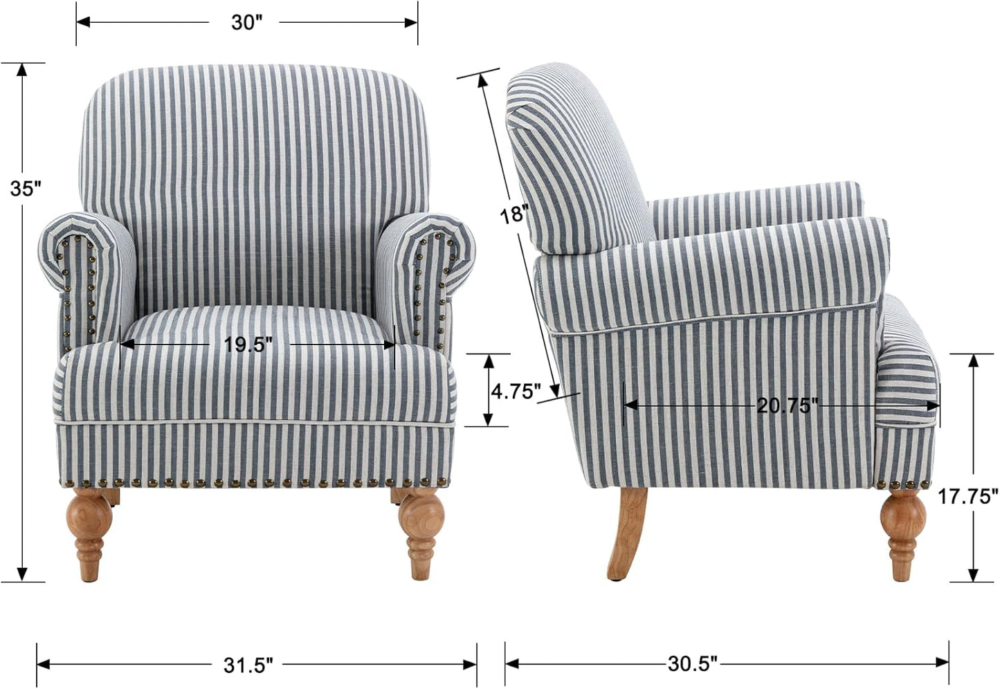 chairus Linen Accent Chair for Living Room Upholstered Mid Century Modern Single Sofa Chair with Solid Wood Legs Comfy Reading Chair Armchair for Bedroom/Office Room/Recption/Lounge, Blue Stripe