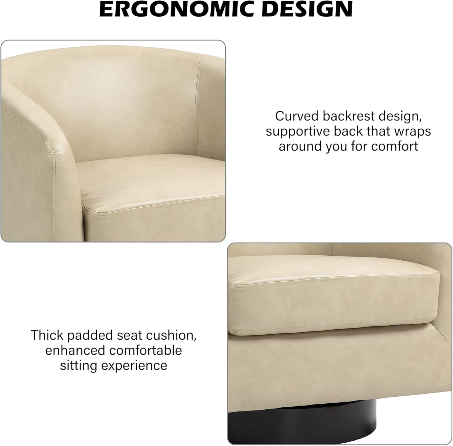 Swivel Barrel Accent Chair, Modern Round Faux Leather Arm Chair for Living Room, Bedroom, Comfy Club Reading Chairs for Adults(Faux Leather, Cream, Set of 4)