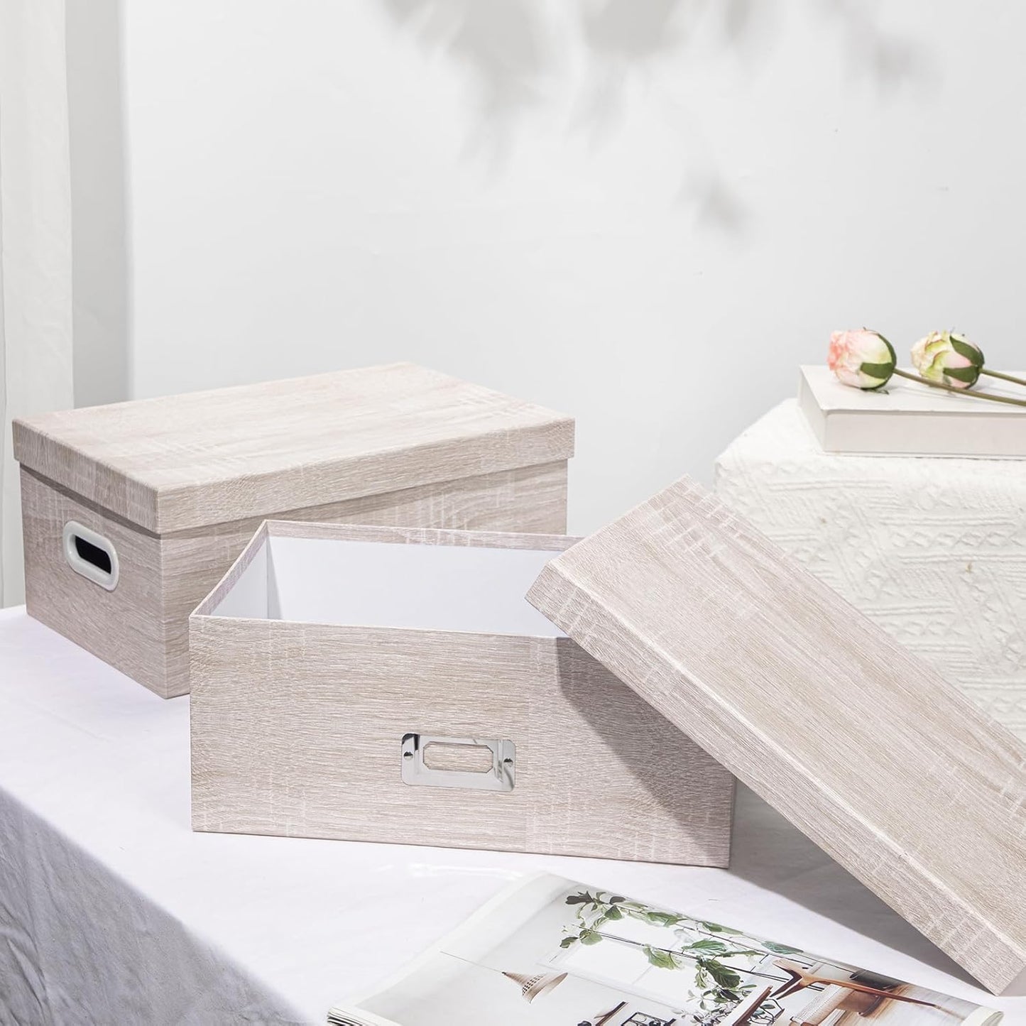 Briful Set of 2 Rustic Wood Grain Storage Boxes with Lids – Stackable Rectangular Organizer Bins, 14'' + 13'' Set Decorative Storage Containers for Bedroom, Living Room, Gifts