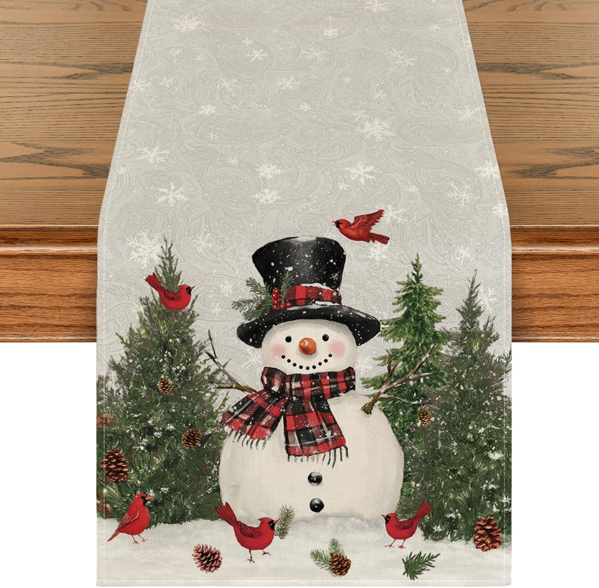 Artoid Mode Snowman Birds Trees Christmas Table Runner, Seasonal Silver Winter Holiday Kitchen Dining Table Decoration for Home Party Decor 13 x 72 Inch