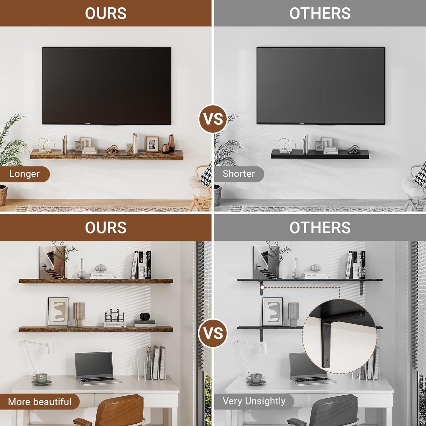 Floating Shelves for Wall 36 Inches Long,9.3" Deep Rustic Brown Floating Shelf Set of 2,Wall Mounted Shelves for Bathroom Bedroom Living Room Kitchen Office,Shelf for Books Storage,Home Decor