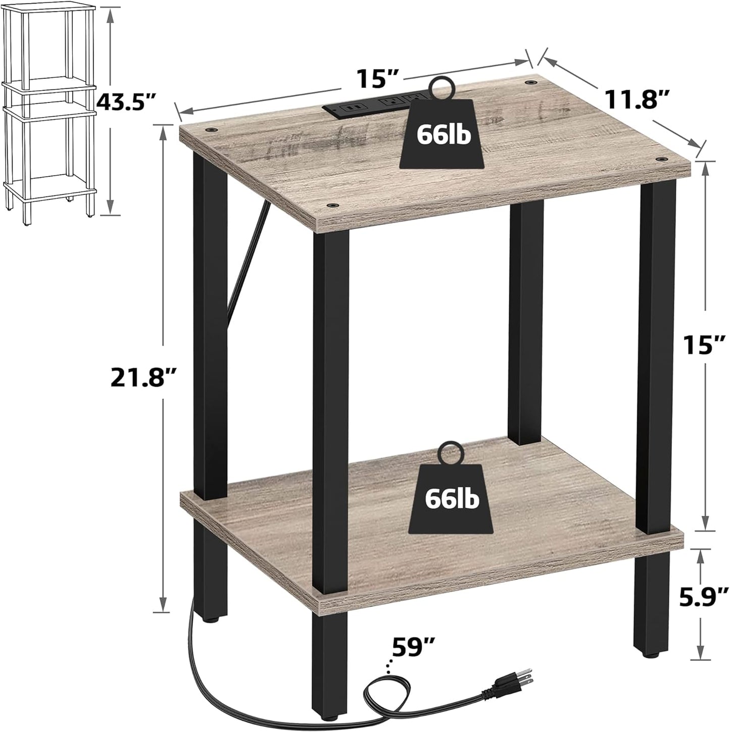 TUTOTAK End Table with Charging Station, Small Side Table with Outlets, Nightstand Bedside Table, 2-Tier Storage Shelf for Small Space, Living Room, Bedroom, Greige TB01BG040