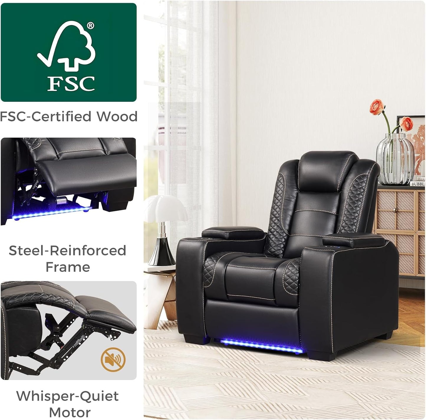 ANJ Power Home Theater Seating Set of 2, PU Leather Electric Recliner Chair with Powered Headrest, Dual Motors Movie Reclining Chairs with LED Lights,USB Port, Cup Holders, Hidden Arm Storage (Black)